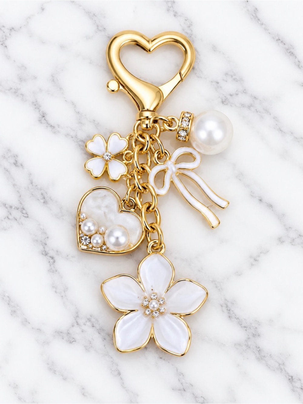 Bag Charm/Keyring-White Enamel Floral & Heart Charm-Gold Hardware